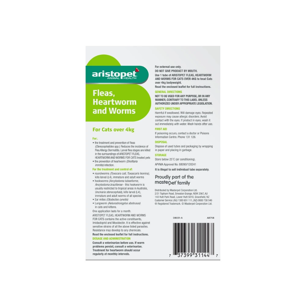 Aristopet Flea Heartworm & Worms Spot On Cat Over 8.8lbs Green 6 Aristopet Flea Heartworm & Worms Spot On Cat Over 8.8lbs Green - Image 4